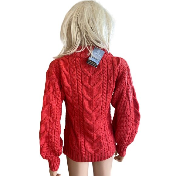 NWT Aran Woollen Mills Red Cable-knit Crew Neck Merino Sweater S Balloon Sleeves - Picture 12 of 14